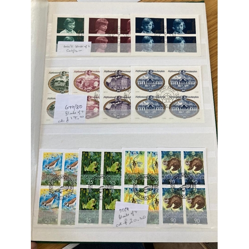 386 - STAMPS LIECHTENSTEIN 1974 - 1990 used collection in stock book in blocks of four Cat £663.90