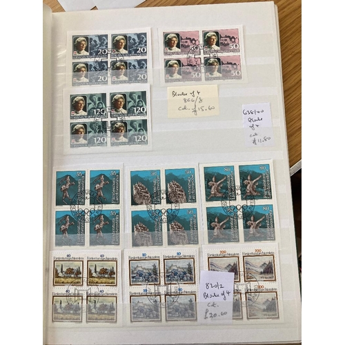 386 - STAMPS LIECHTENSTEIN 1974 - 1990 used collection in stock book in blocks of four Cat £663.90