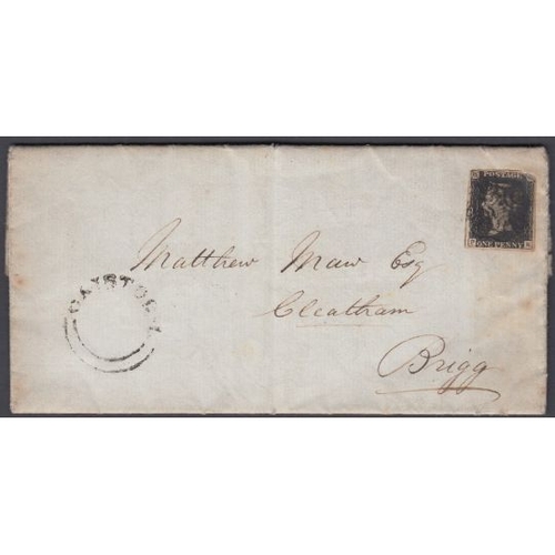 195 - POSTAL HISTORY GREAT BRITIAN 1841 unplated Penny Black on entire Caister to Brigg, Caister UDC to fr... 