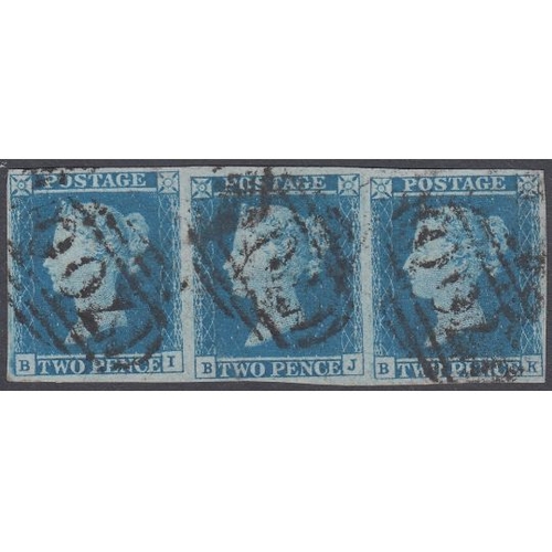 197 - STAMPS GREAT BRITAIN 1841 2d Blue fine four margin strip of three (BI- BK) cancelled by 700 duplex i... 