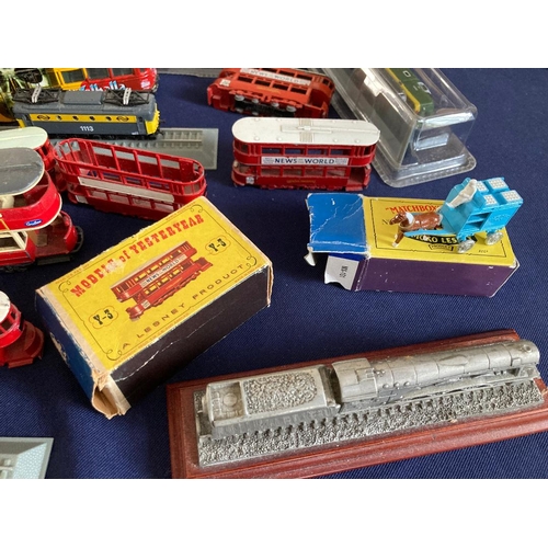 74 - Box of various model trains and trams some on display bases