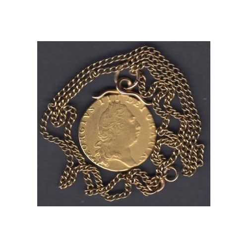 53 - JEWELLERY 1798 Gold Guinea on gold coloured chain, chain is unmarked but presumed to be 9ct (clasp h... 