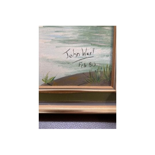 82 - PICTURES Framed painting of canal boat on board signed John West Feb 80