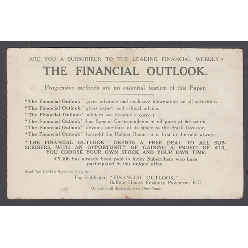 166 - STAMPS AIRMAIL 1911 Aerial Post advertising card addressed to Littlehampton, Financial Outlook adver... 