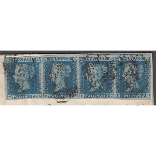 199 - STAMPS GREAT BRITAIN Four margin strip of four Two Penny Blues on part wrapper from Dewsbury to Hamb... 