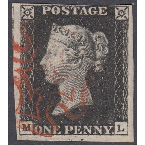 242 - STAMPS PENNY BLACK Plate 4 (ML) three large one close margin , red MX