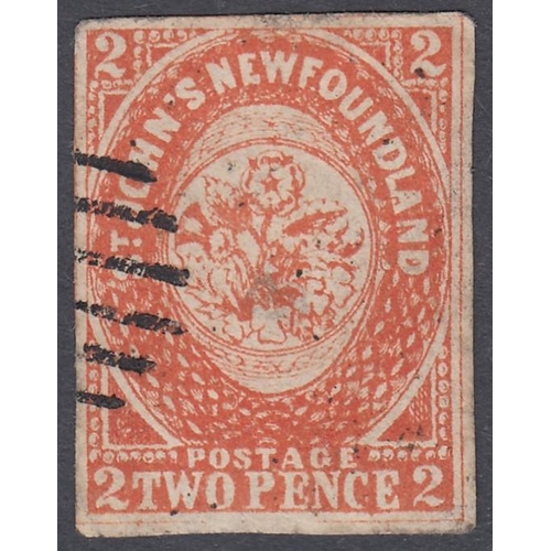 516 - STAMPS NEW FOUNDLAND 1860 2d Orange Vermillion fine used with four margins, however it has a small t... 