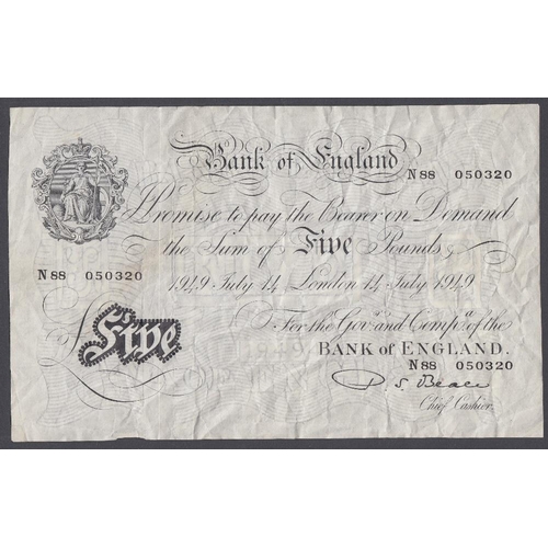 552 - BANK NOTES 1949  White £5 note N88 050320, in used condition but not to bad for age