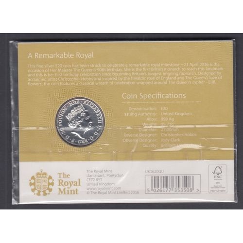 644 - COINS 2016 fine Silver £20 coin for Queens 90th Birthday in unopened pack 15.71g