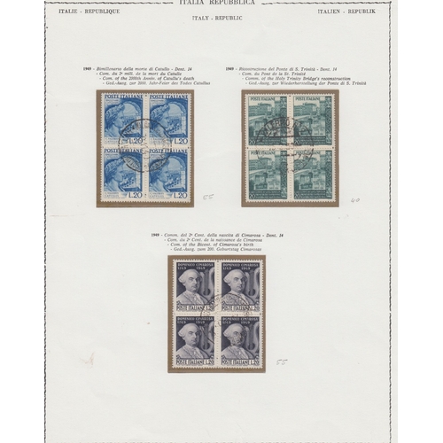 481 - STAMPS ITALY Late 1940s & 1950s fine used issues in blocks of four on printed album pages, condition... 