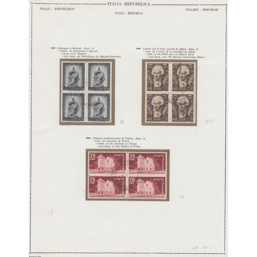 481 - STAMPS ITALY Late 1940s & 1950s fine used issues in blocks of four on printed album pages, condition... 