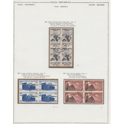 481 - STAMPS ITALY Late 1940s & 1950s fine used issues in blocks of four on printed album pages, condition... 