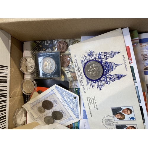 562 - Box of coin covers, mostly GB or Channel Islands etc, 60+ covers, plus a few coin packs etc. Also a ... 