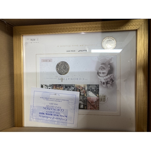 563 - COINS 2003 Coronation Anniversary, four framed covers each frame with two £5 coins. Limited edition ... 