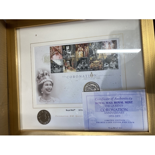 563 - COINS 2003 Coronation Anniversary, four framed covers each frame with two £5 coins. Limited edition ... 