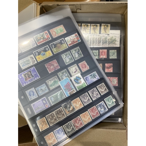 30 - STAMPS ALL WORLD Small box with stock pages of mainly used duplicated stamps plus some covers plus m... 