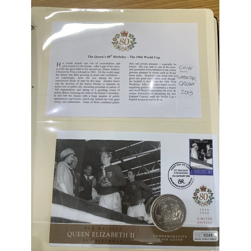 566 - COINS Album of 80th Birthday of Queen Elizabeth II coin covers, 19 covers