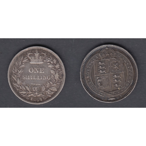 623 - COINS 1851 QV Shilling in fine condition, scarce date together with an 1887 example