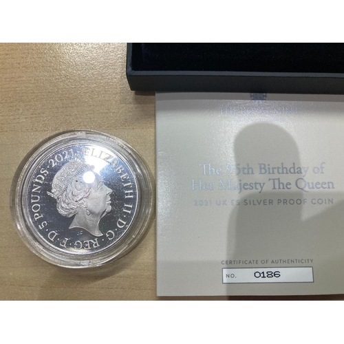 645 - COINS 2021 £5 Silver Proof coin for Queens 95th Birthday cased and with cert