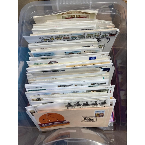 112 - STAMPS RAILWAY, plastic tub with 250+ commemorative or first day covers, with mostly GB items. Many ... 