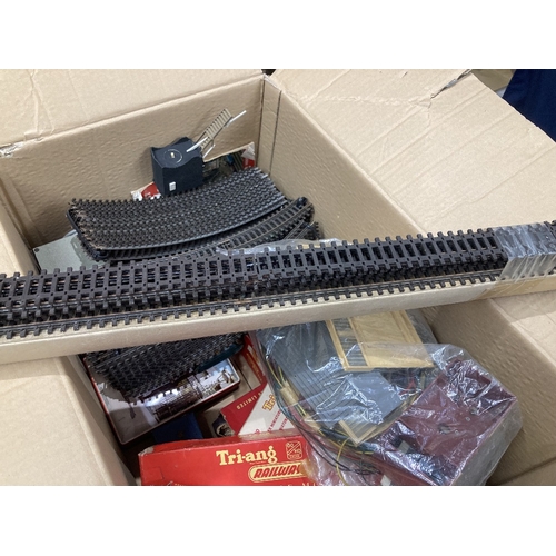 16 - Large box full of Triang carriages and wagons plus track and transformer (not tested)