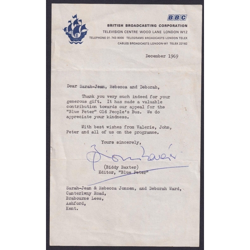 652 - AUTOGRAPH Biddy Baxter signed letter on BBC Blue Peter letter head dated 1969