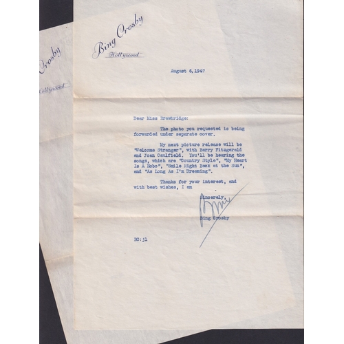 650 - AUTOGRAPH Bing Crosby, two signed letters special Hollywood letter head dated 1946 and 1947 to same ... 