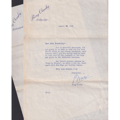 650 - AUTOGRAPH Bing Crosby, two signed letters special Hollywood letter head dated 1946 and 1947 to same ... 