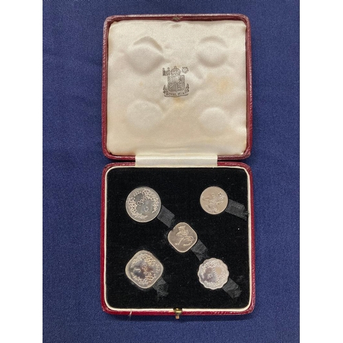 618 - COINS Royal Mint display box with set  three silver coins plus two white metal coins, appear to be o... 