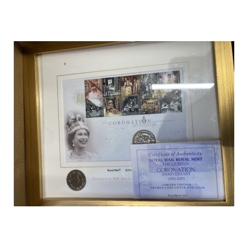 600 - COINS 2003 Coronation Anniversary, four framed covers each frame with two £5 coins. Limited edition ... 