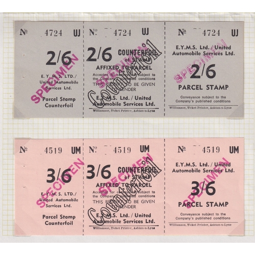 165 - STAMPS EYMS Ltd parcel stamps with counterfoils, overprinted Specimen. bus comany from 1920's to 198... 