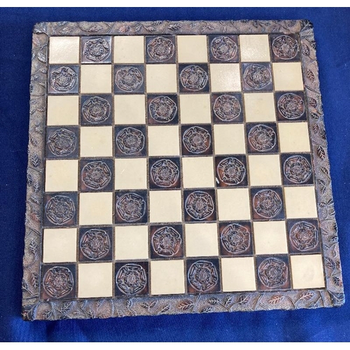 18 - Tudor Rose design heavy chess board with full set of resin pieces