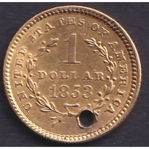 182 - 1853 Gold One Dollar drilled for a necklace 1.65g