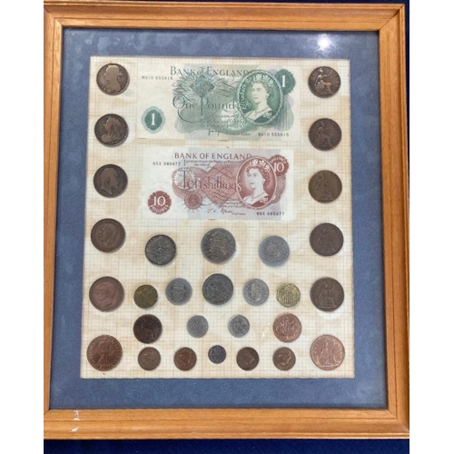 211 - Framed banknotes and old coins