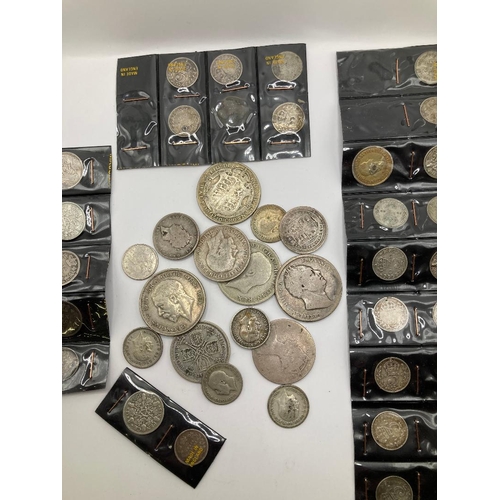 196 - Small accumulation of early UK silver coins including 3d's, 6d's, half crowns, florins etc, Worn Geo... 