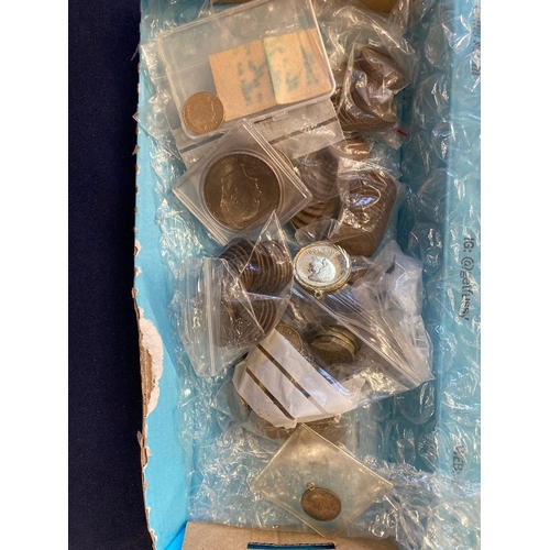 208 - Mixed box of old UK coinage plus a copy 1887 half sovereign pendant, and a couple of US Dollars