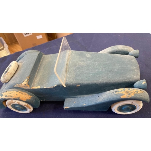 27 - Painted wooden old sports car, possibly French origin, paint flaking