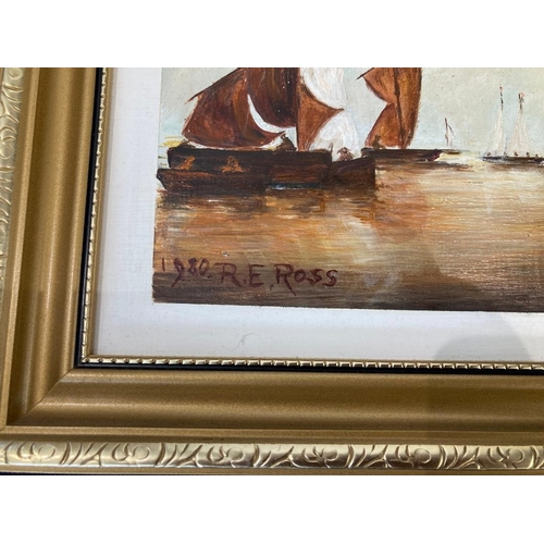 33 - Art : Modern oil on board painting of ships signed R E Ross 1980 framed 66cm x 44cm