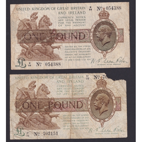 Two George V 1919 Treasury £1 bank notes in used condition corner ...