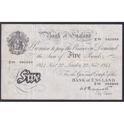 Bank Note : 1944 White £5 Note in used condition in display folder
