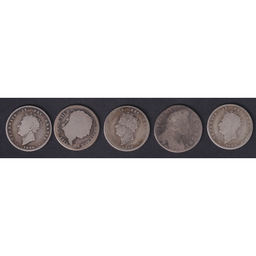 101 - Five Pre-QV Silver Shillings, varying condition including William III. George III, George IV