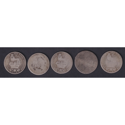 101 - Five Pre-QV Silver Shillings, varying condition including William III. George III, George IV
