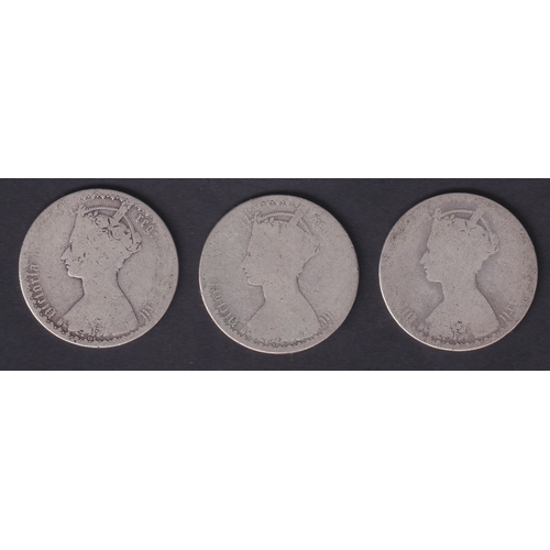 114 - Three QV Silver Gothic Florins, worn condition 31g total