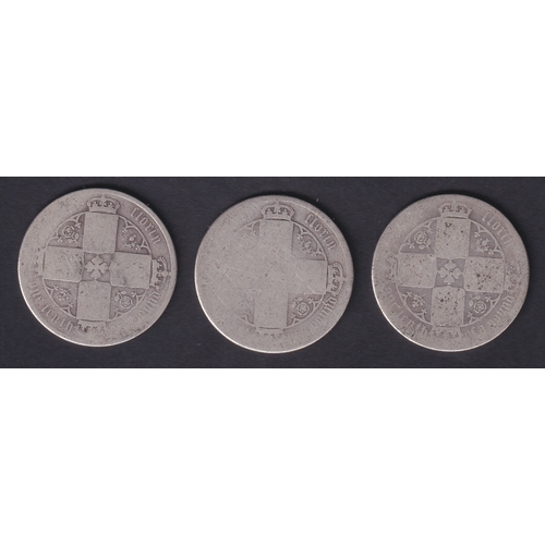 114 - Three QV Silver Gothic Florins, worn condition 31g total