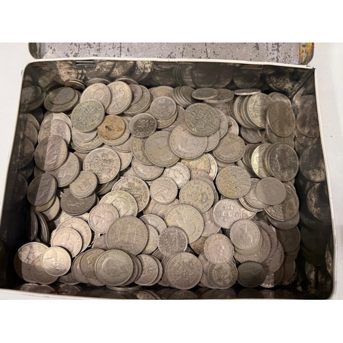 97 - Large tin of Half Crowns, Shillings etc, post 1947 period (heavy lot)