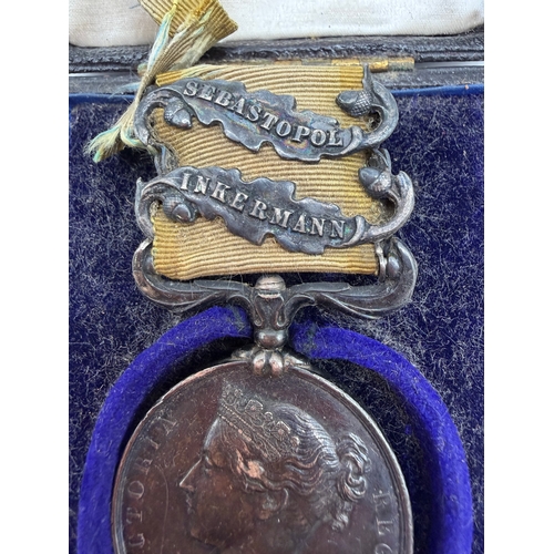 166 - Crimea boxed medal with Sebastopol and Inkermann bars, edge engraved Josh Stanley Gunner