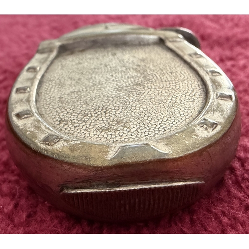 174 - Base metal vesta in the shape of a Horse Shoe with Jockey Cap lid, unusual