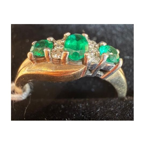 65 - Jewellery 9ct GOLD ring size L with 6 small diamonds and 3 emeralds (reddish fluoresce), 2.8g (Payme... 