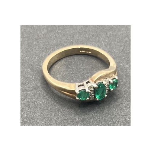 65 - Jewellery 9ct GOLD ring size L with 6 small diamonds and 3 emeralds (reddish fluoresce), 2.8g (Payme... 