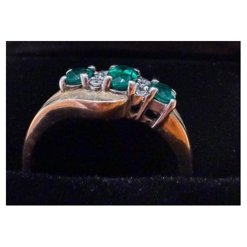 65 - Jewellery 9ct GOLD ring size L with 6 small diamonds and 3 emeralds (reddish fluoresce), 2.8g (Payme... 
